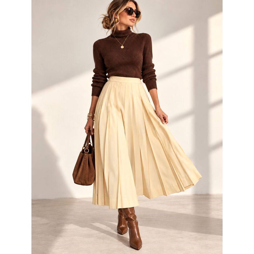 Vintage 70s 80s Gloria Sachs New York Ivory Pleated A-Line Midi Skirt USA